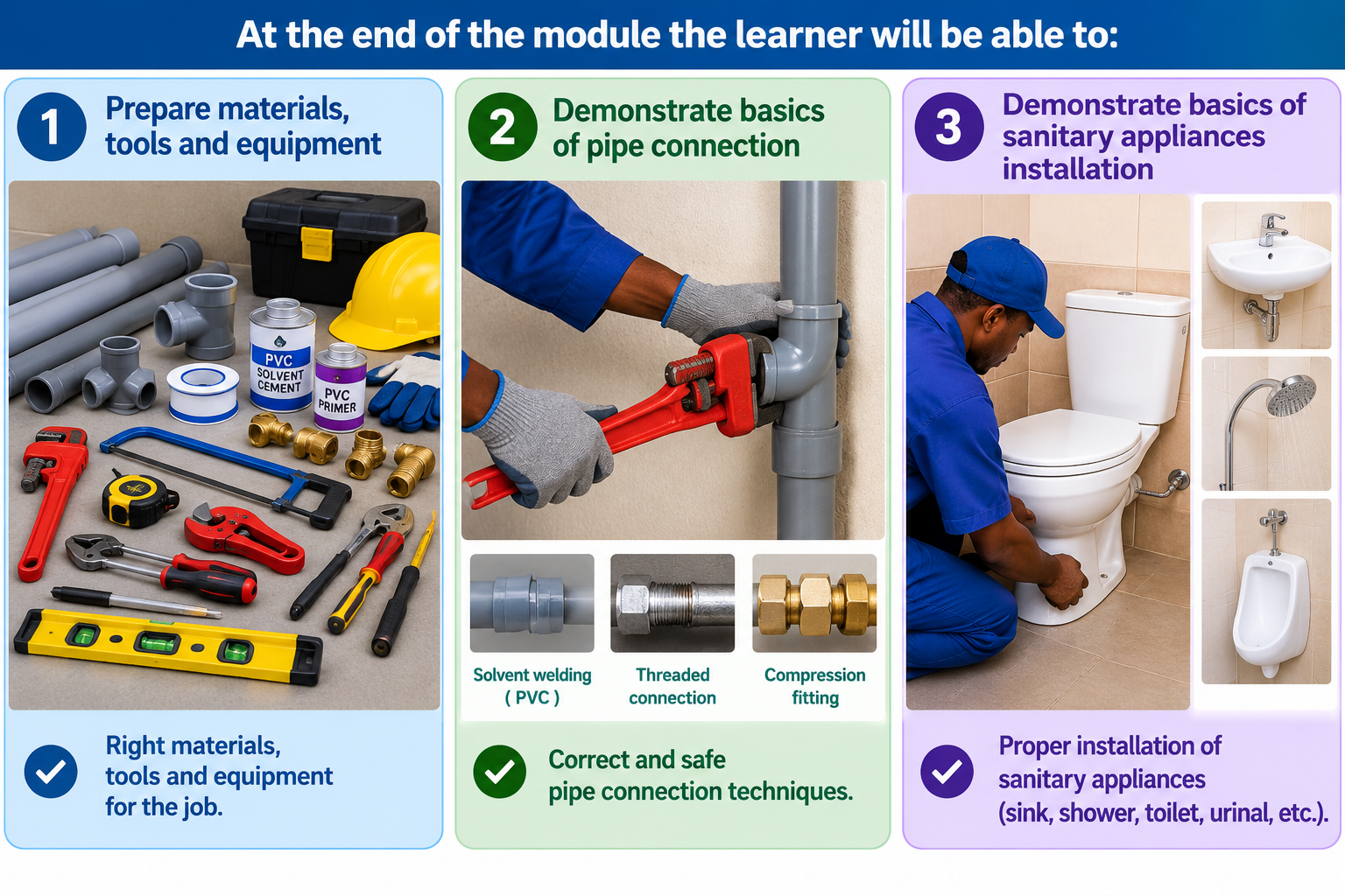 At the end of the module the learner will be able to: 
1. Prepare materials, tools and equipment  
2. Demonstrate basics of pipe connection 
3. Demonstrate basics of sanitary appliances installation 