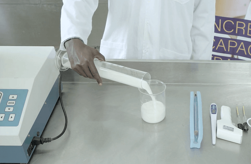 Person wearing a lab coat is pouring milk in a beaker