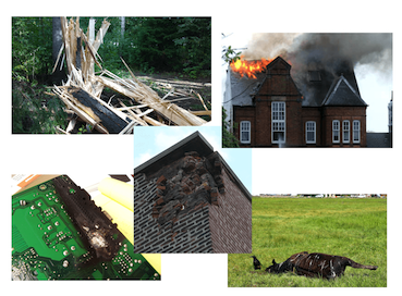 Damage done by lightning: broken brick on a building, tree damage, computer damage, fire.